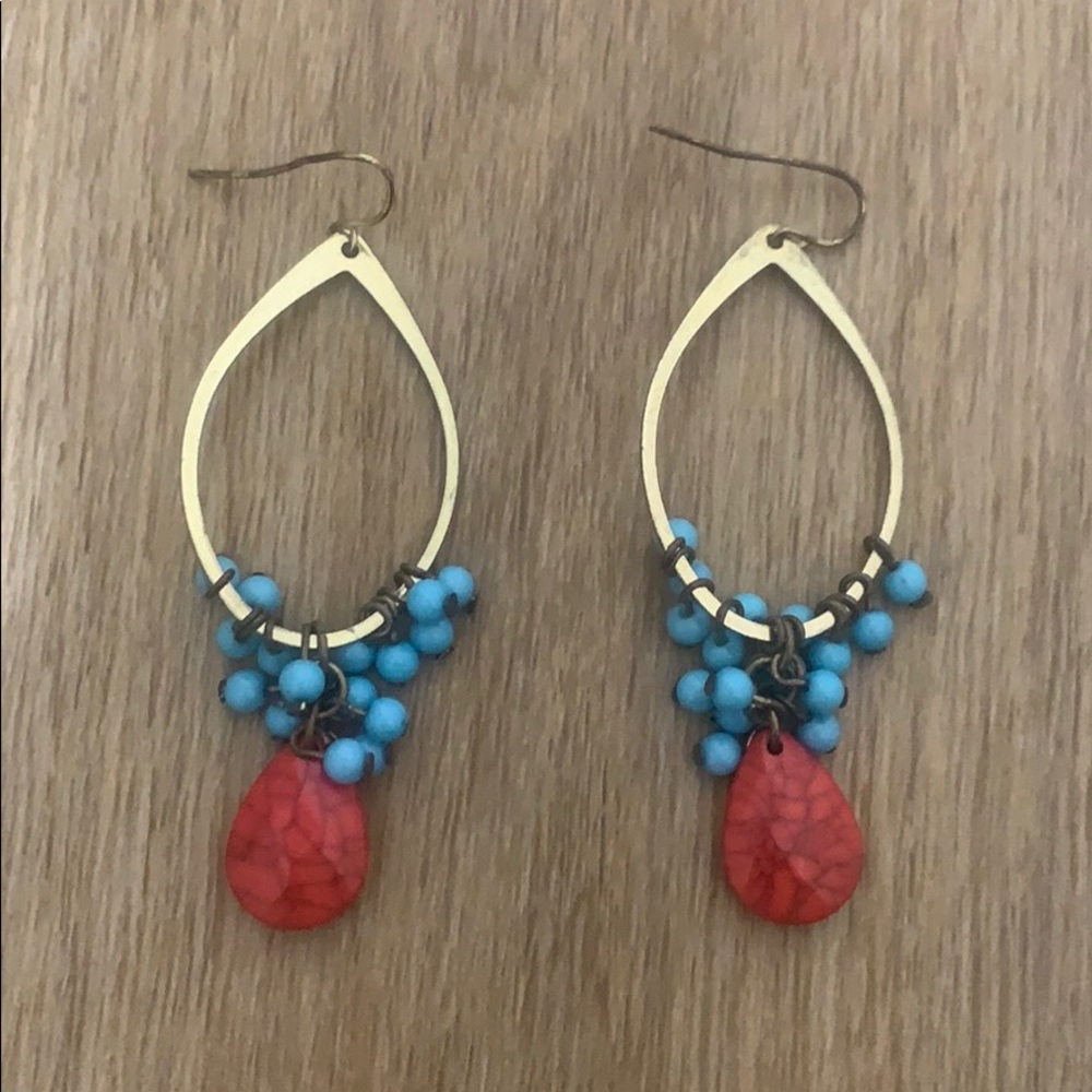 Gold, aqua & red earrings